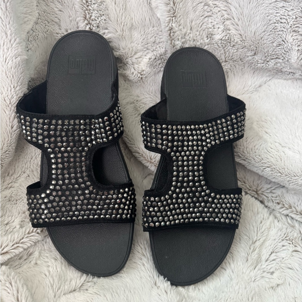 Fitflop Glitzie Slide Black Rhinestone Sandals